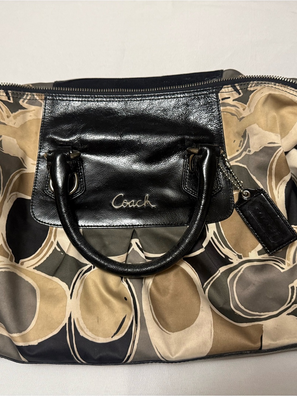 Coach Black Leather Accent Tote with Beige and Tan Circle Print